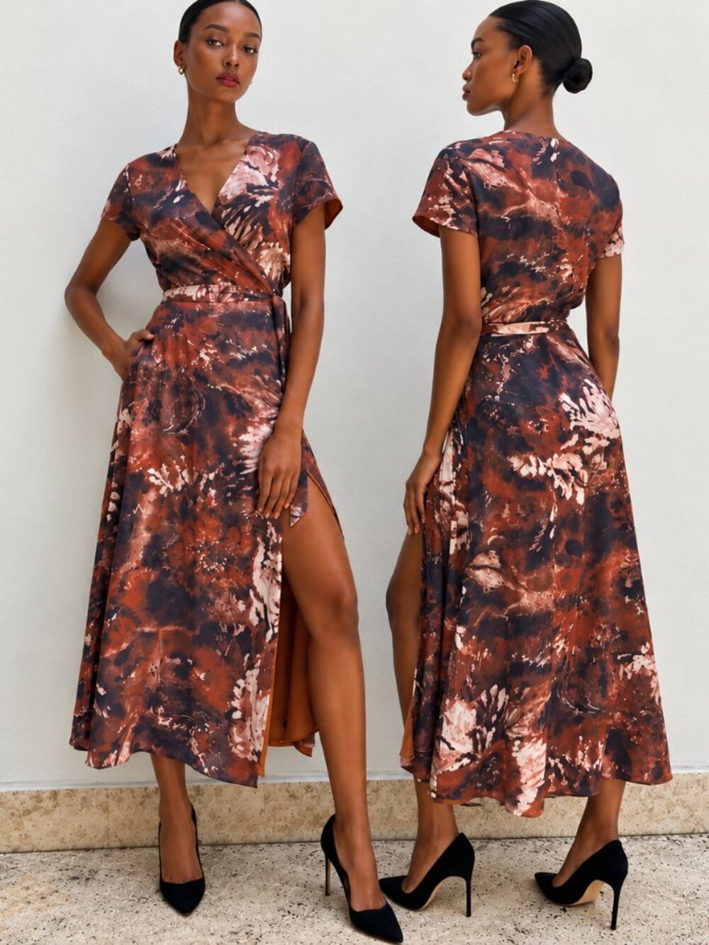Aritzia | BABATON - Midi Slip Wrap Dress Multi/Brown | XXS | Womens, pockets